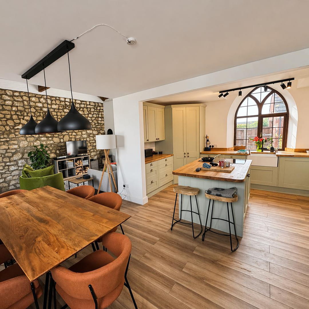 This bespoke kitchen and dining area combines natural textures with precision carpentry — from solid wood worktops and custom storage to seamless finishes that elevate the entire space. We don’t just fit kitchens — we transform homes with attention to detail, structure, and flow.